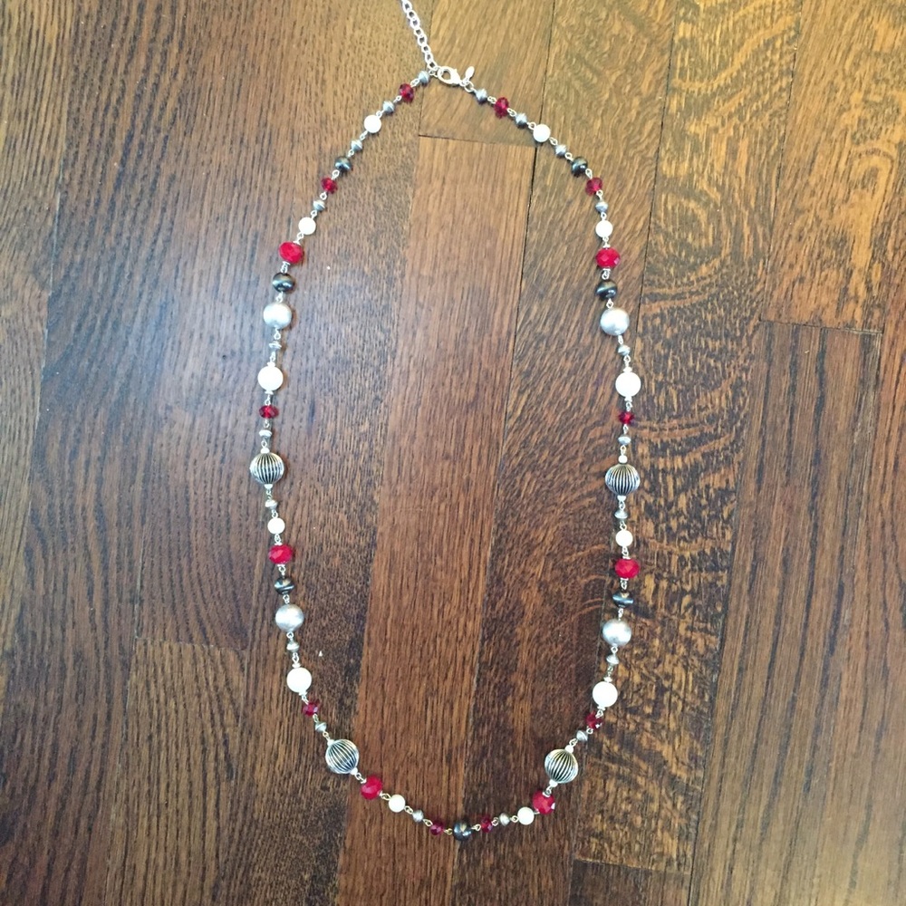 Premier designs long red, gray, pearl necklace